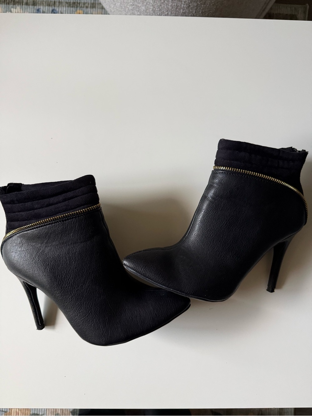 Wild Diva Black Pointed Toe Stiletto Ankle Booties with Gold Zip Accent